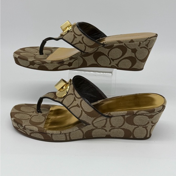 Coach Brown Signature Jacquard Thong Sandals with Gold Medallions - Picture 4 of 9